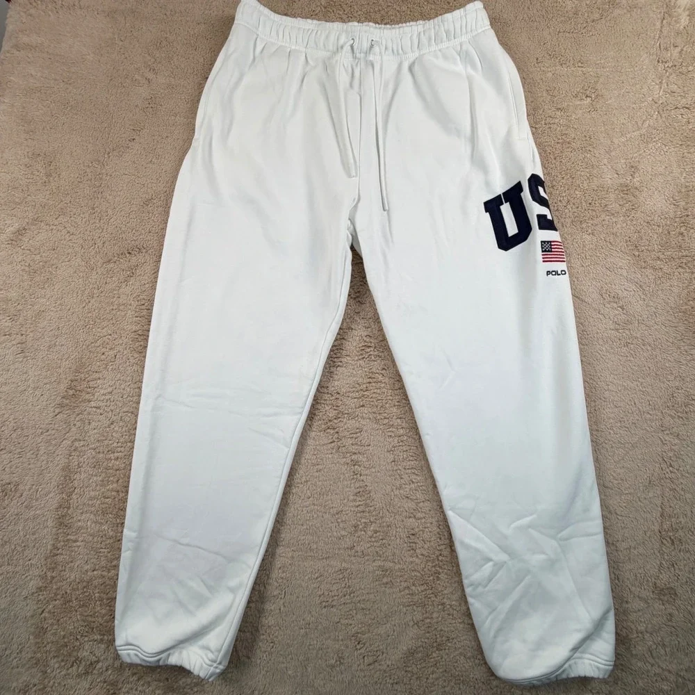 Polo Ralph Lauren Mens Size Large Sweatpants White USA Flag Fleece Joggers NWOT